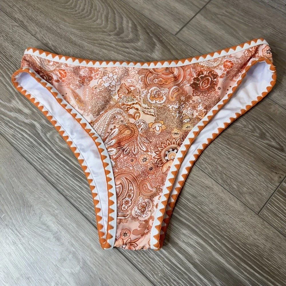 Zaful Women's Orange Low Rise Paisley Bikini Bottoms Boho Y2K Retro‎ Swim Size L
